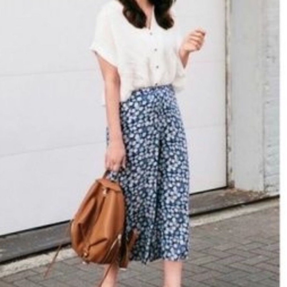 Madewell Huston Blue Daisy Floral Wide Leg Culotte Pants Women Medium Cropped